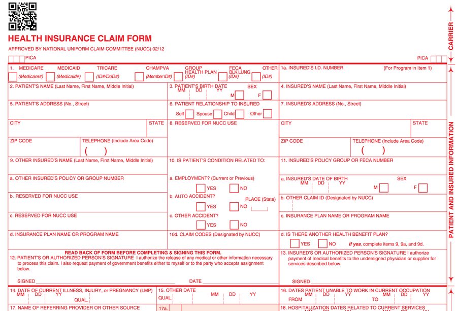 CMS-1500 claim form prepared for electronic submission